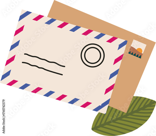 Mail envelopes with postmark and leaf communicating correspondence