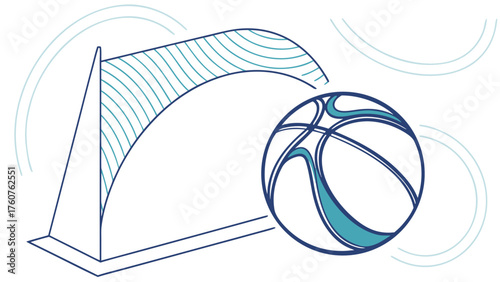 A simplistic illustration featuring a basketball alongside a stylized archway structure with curved lines design