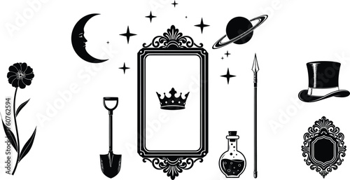 Collection of Decorative Elements Moon, Frame, Planet, Hat, Crown on White Background