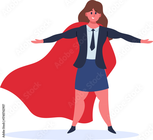Businesswoman wearing red cape showing superpower concept