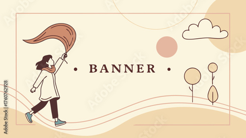 Illustration of a woman holding a scarf with banner text in a beige and cream colored background design