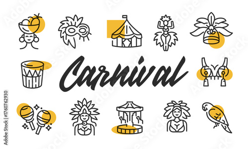 Carnival poster. Carnival poster design with Mask, Dancer, Tent, Maracas, and Parrot icons. Simple poster for presentations, covers. Banner template. Vector illustration.