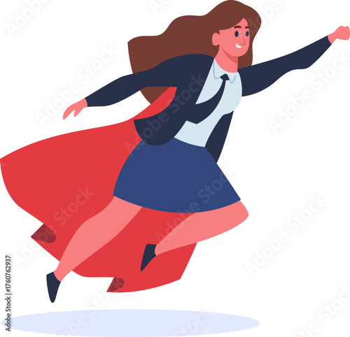 Businesswoman flying with red cape showing leadership and power