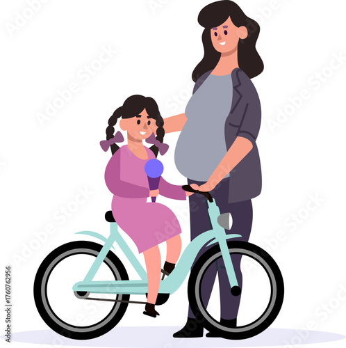 Pregnant mother helping daughter cycling
