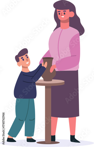 Mother and son creating pottery together, learning craft