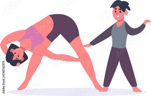 Wellness instructor guiding woman doing yoga stretching pose
