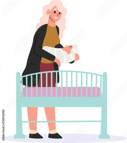 Grandmother holding newborn baby placing in crib