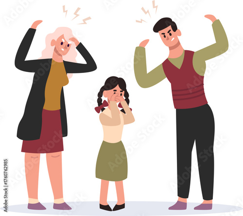 Parents arguing with child crying, family conflict illustration