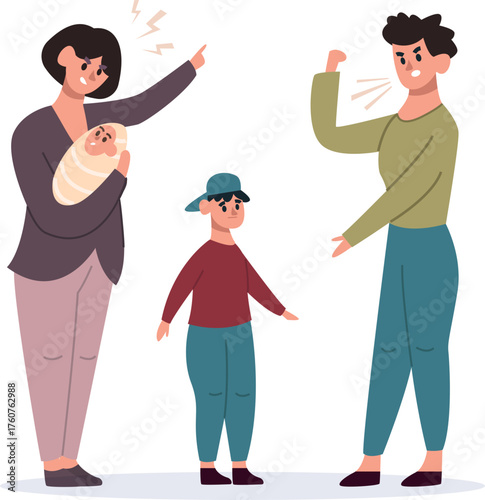 Parents arguing in family conflict with children present