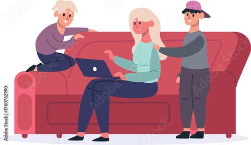 Family bonding, mother using laptop with sons