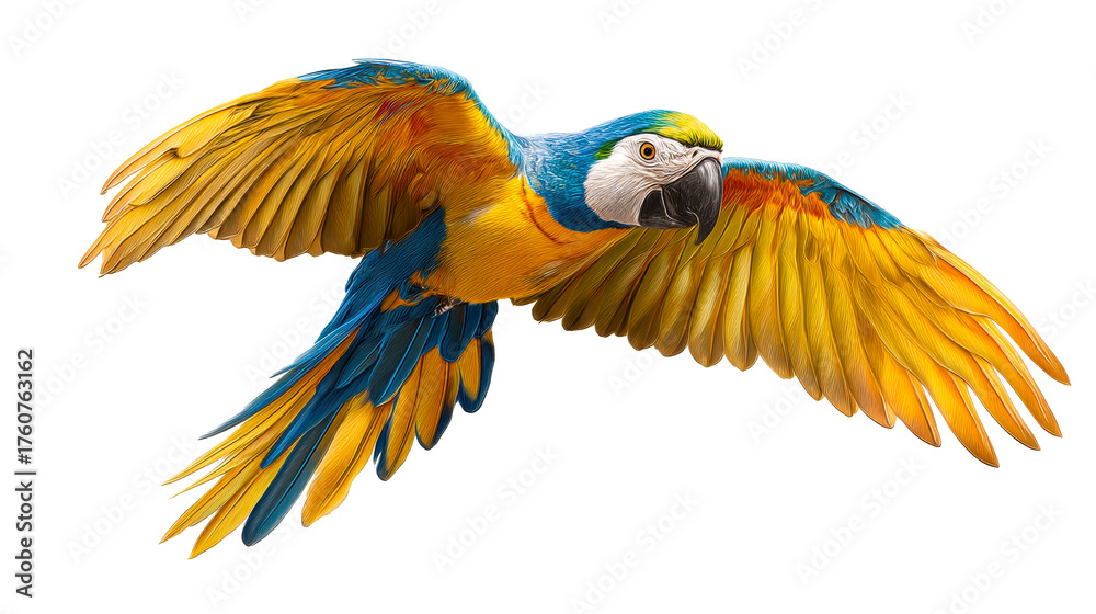Fototapeta premium Blue and yellow macaw bird in flight with wings spread, cut out transparent