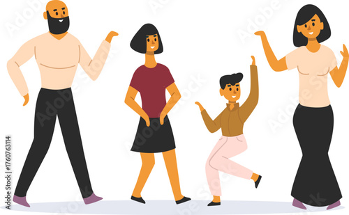 Happy family members dancing together flat vector illustration
