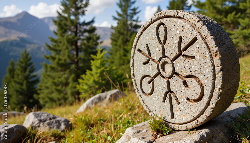 Fototapeta premium Stone marker with symbol resting on grass in mountainous landscape