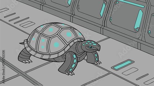 A cartoon illustration of a robotic turtle walking on a gray tiled floor with futuristic metal walls behind it