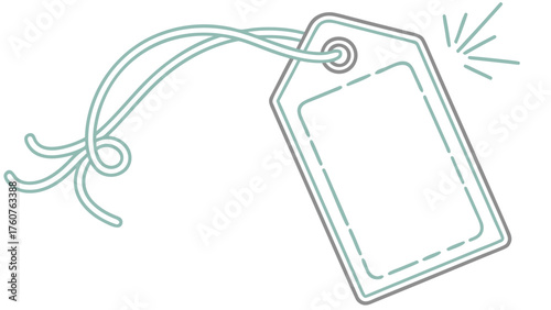 A simple line drawing of a blank tag with a string attached and a small burst of light emanating from it