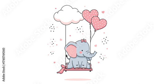A cute baby elephant is swinging happily on a swing under the clouds with pink heart balloons floating.