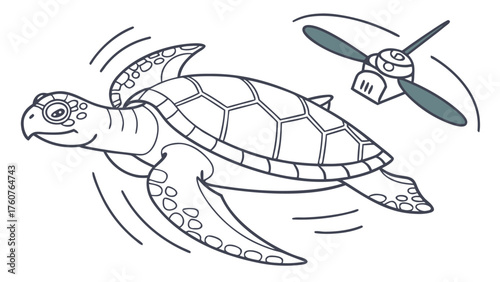 A cartoon drawing shows a turtle swimming with motion lines and a small drone with rotating propellers