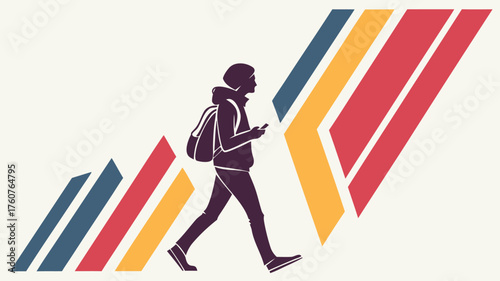 A silhouette of a person walking with a backpack and phone against a colorful geometric background design