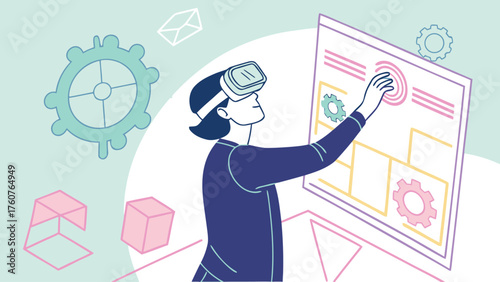 A woman wearing a vr headset interacting with a digital interface featuring gears and geometric shapes design