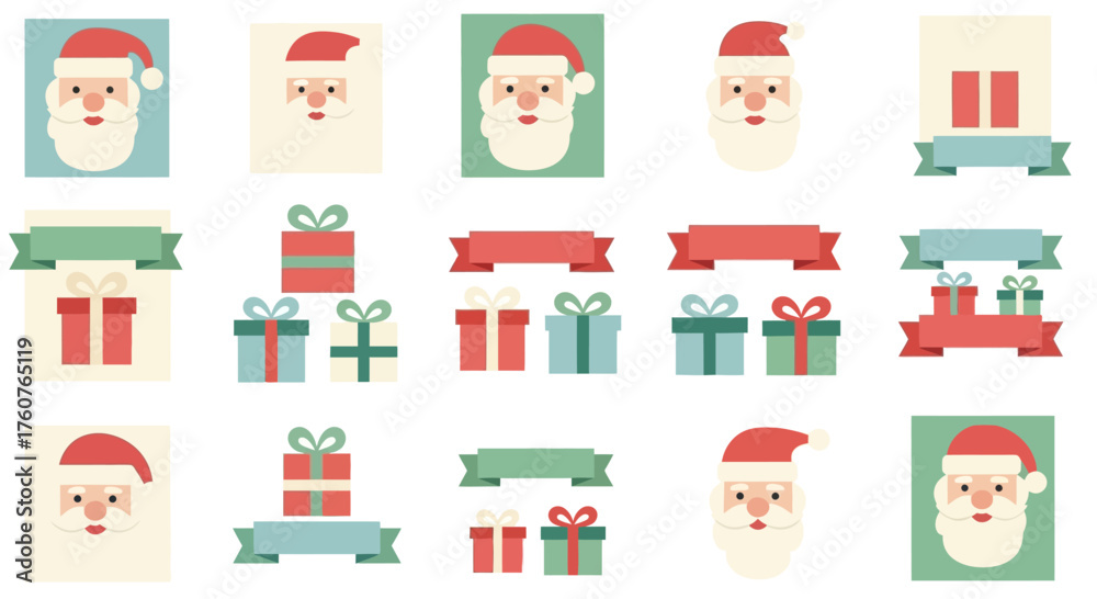 Fototapeta premium Christmas themed illustrations featuring Santa Claus and gift boxes with ribbons.