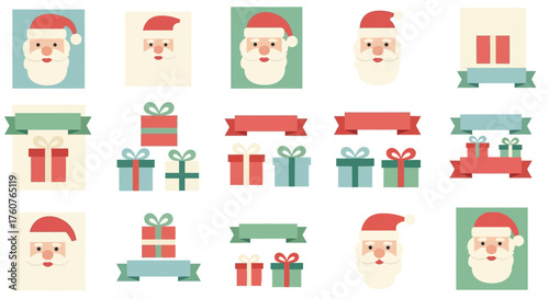 Christmas themed illustrations featuring Santa Claus and gift boxes with ribbons.