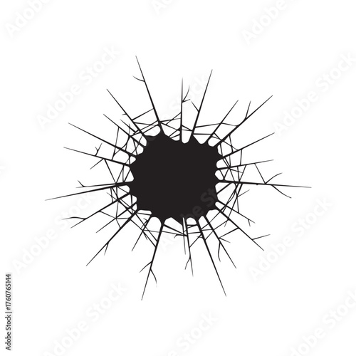 Abstract cracked hole silhouette. Vector graphic of a shattered surface, showing destruction, damage, or impact effect on a wall, glass, or ground. Isolated on white.

