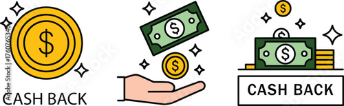 Cash Back Reward and Money Return Icons Set. Hand Holding Cash and Cashback Bonus Illustration.
