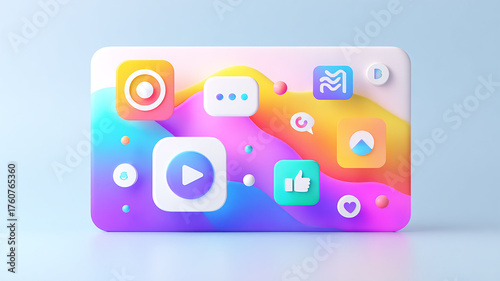 Modern 3D App Icons and Social Media Symbols on Abstract Wavy Platform – Vibrant UI Design