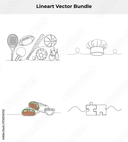 Continuous Line Drawings Set Sport Equipment, Chef Hat, Food Wrap and Jigsaw Puzzle