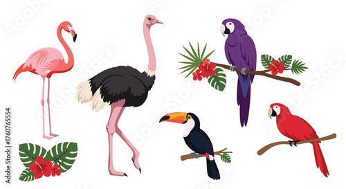 A collection of vibrant tropical birds and a tall ostrich in a playful pixel art style.