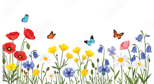 A vibrant meadow teeming with colorful wildflowers and playful butterflies fluttering in the soft breeze.