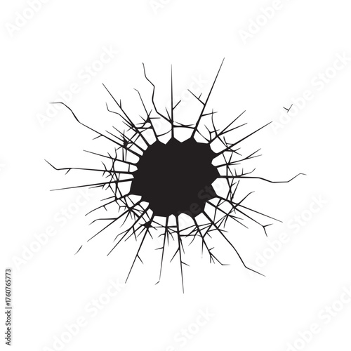 Abstract cracked hole silhouette. Vector graphic of a shattered surface, showing destruction, damage, or impact effect on a wall, glass, or ground. Isolated on white.
