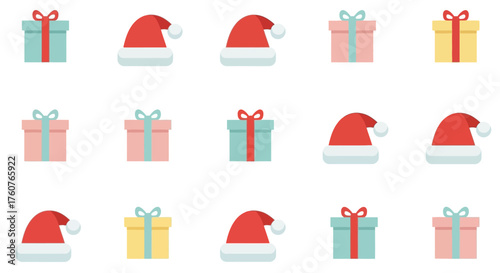 Festive Christmas presents and Santa hats arranged in a pattern.