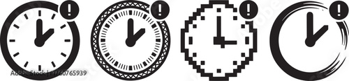 Set of four different clock icons with an exclamation mark, representing time management and urgent alerts