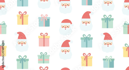 Cute Santa Claus faces and colorful gift boxes seamless pattern.