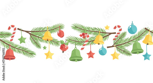 Seamless Christmas garland with fir branches and colorful decorations.