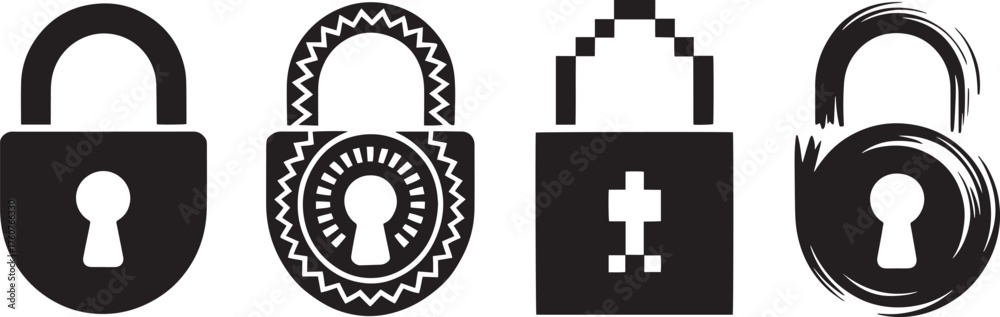 Obraz premium Set of Four Padlock Icons Featuring Unique Styles and Keyhole Designs