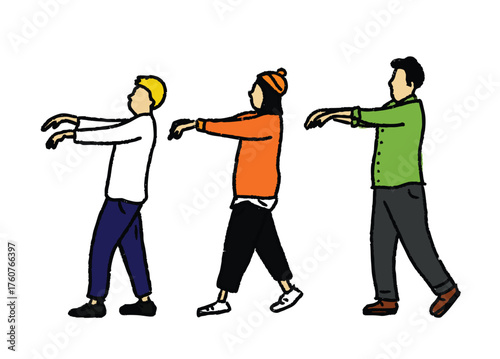 Hand drawn doodle illustration of three people walking with arms forward like zombies or sleepwalkers. Simple colorful line art with a humorous concept on white background.