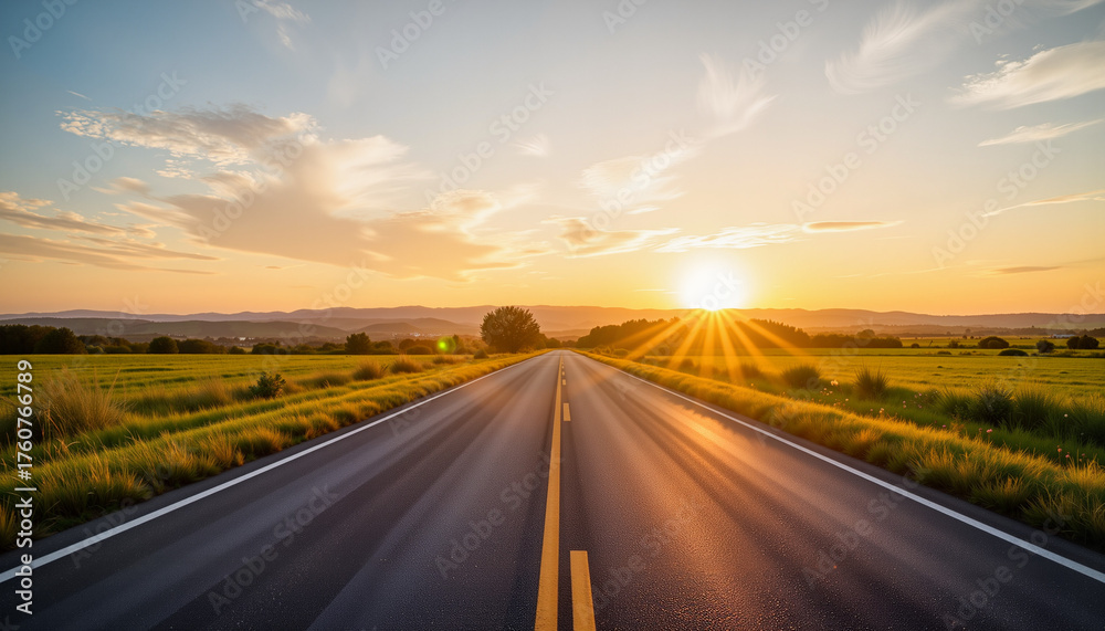 Fototapeta premium Serene road winding through green fields under sunrise sky