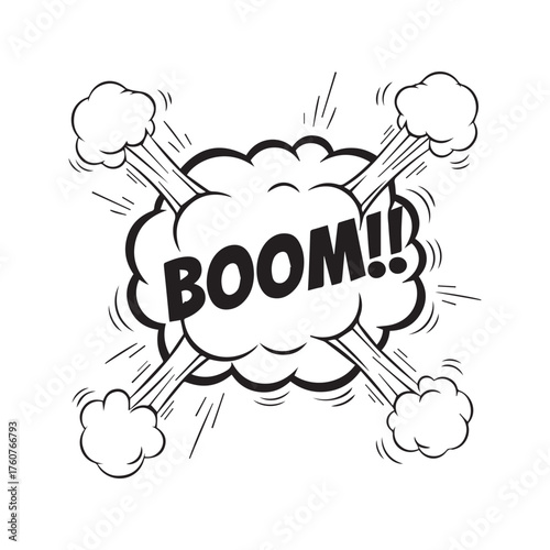 Boom comic book sound effect with explosion cloud. Pop art style black and white onomatopoeia vector illustration isolated on a transparent background.
