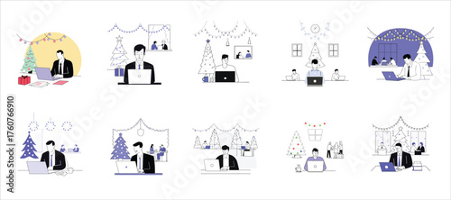  set bussinessman workplaces merry christmas happy new year holidays celebration concept modern open space office interior vector illustration