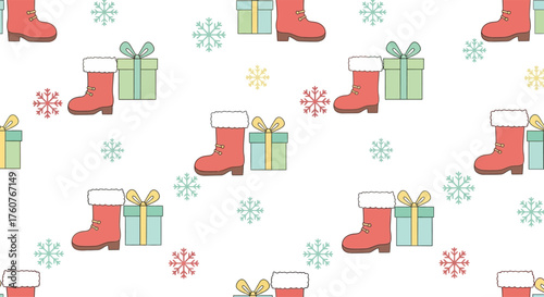 Christmas stocking and gift pattern seamless background.