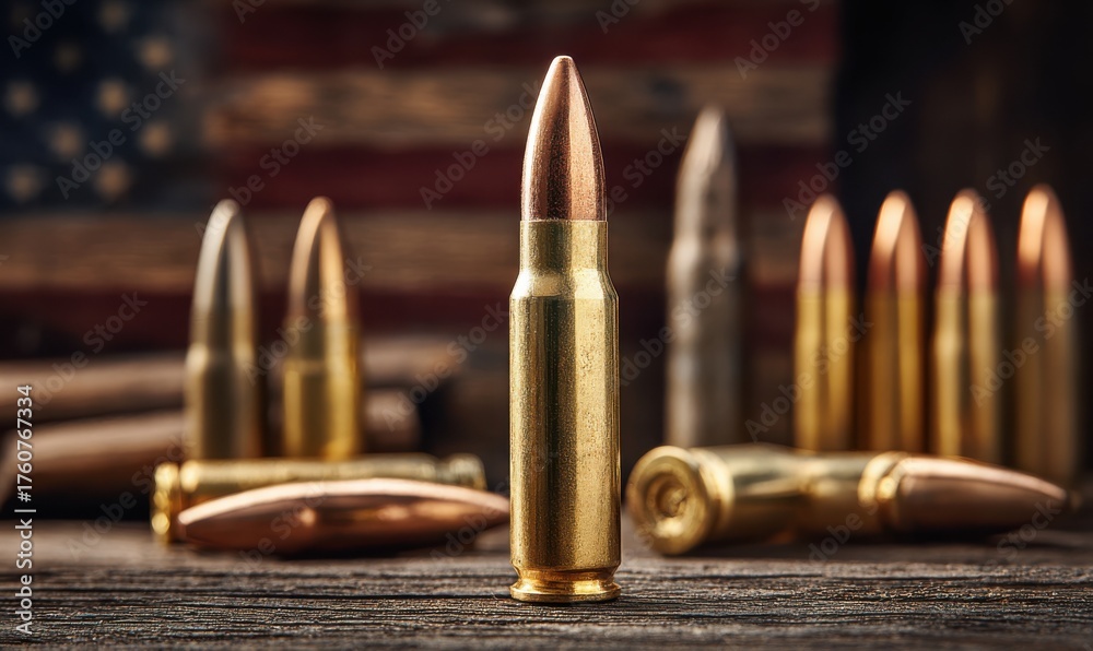 Naklejka premium A golden rifle bullet stands proudly on an aged wooden table, accompanied by an array of bullets in different sizes and shapes. The American flag softly drapes in the background