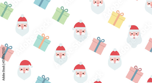 Festive Christmas Pattern with Santa Claus and Gift Boxes.