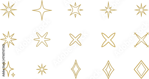 Golden Sparkle Stars Outline Set, Minimalist Star Collection on White Background
