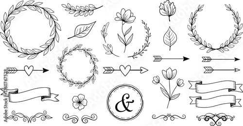 Hand Drawn Botanical with Laurel Wreaths and Arrows on White