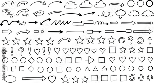 Hand Drawn Arrows, Cloud Shapes, Stars, Hearts, Circles and Question Marks Set Isolated