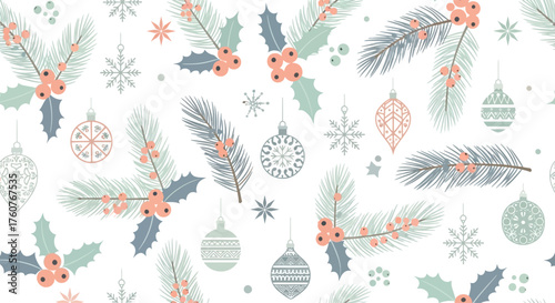 Christmas Holiday Pattern with Pine Branches and Berries.
