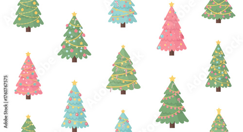 A charming collection of colorful Christmas trees in a repeating pattern.