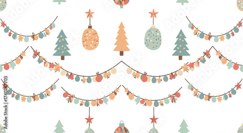 Festive Christmas Garland and Tree Seamless Pattern.